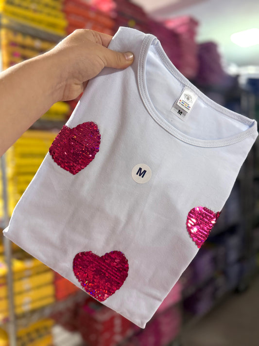 Playera corazones rosas de lentejuela
